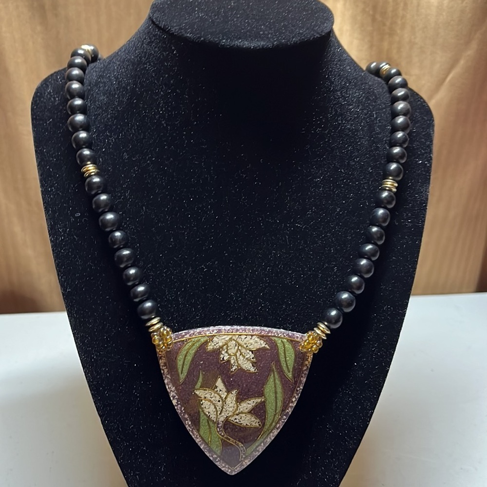 Vintage Black Beaded Necklace with Triangular Handpainted Floral Pendant